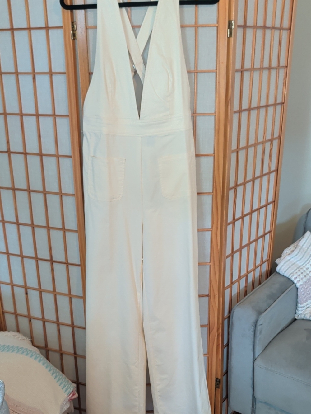 Sincerely Jules Cream Deep-V Wide Leg Jumpsuit